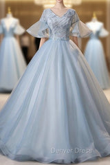 Blue Tulle V-neck Short Sleeve Quinceanera Dresses