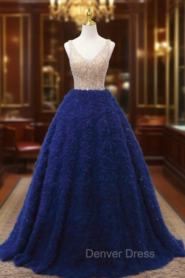 Blue Tulle V Neck Tiers Beading Prom Dresses