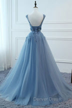 Blue Tulle V-neckline Long Party Dresses , Tulle Formal Dresses