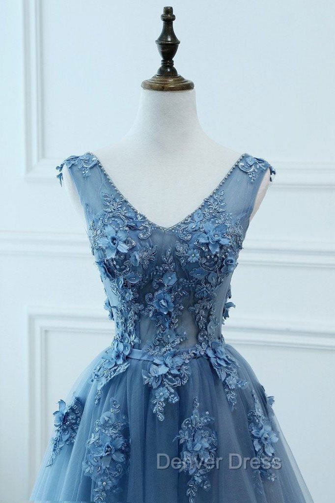 Blue Tulle V-neckline Long Party Dresses , Tulle Formal Dresses