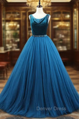 Blue Tulle Velvet Beading Prom Dresses