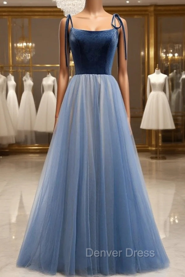 Blue Tulle Velvet Spaghetti Straps Open Back Prom Dresses