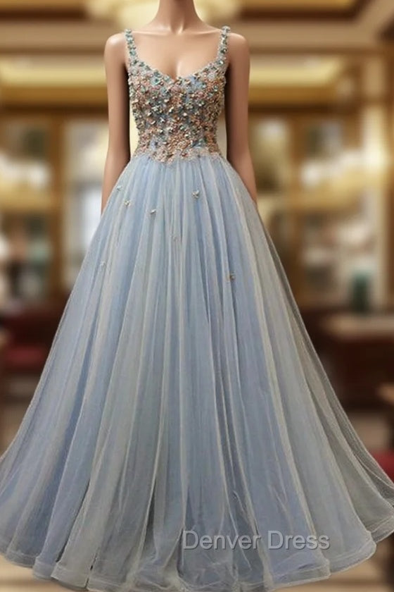 Blue Tulle with Flowers Straps Long Evening Dresses, Blue Prom Party Dresses Secondary image