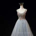 Blue Tulle with Flowers Straps Long Prom Dress, Blue Prom Dresses