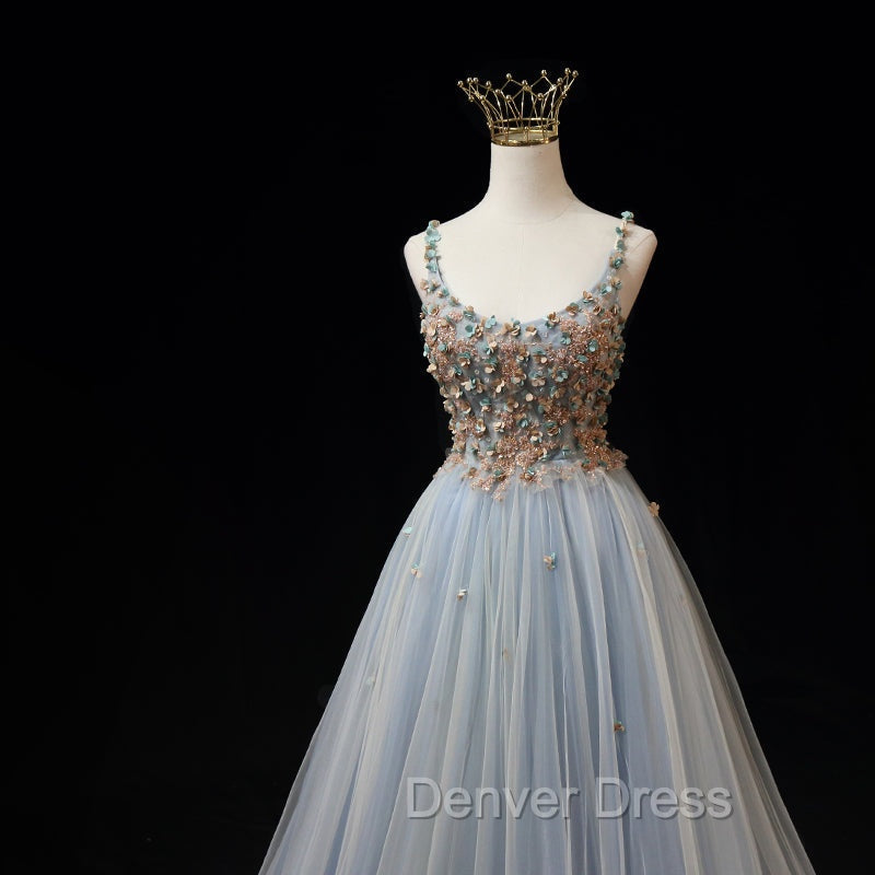 Blue Tulle with Flowers Straps Long Prom Dress, Blue Prom Dresses