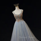 Blue Tulle with Flowers Straps Long Prom Dress, Blue Prom Dresses