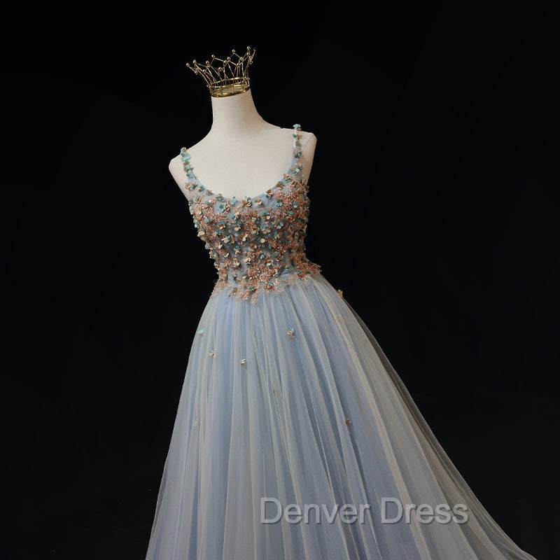 Blue Tulle with Flowers Straps Long Prom Dress, Blue Prom Dresses