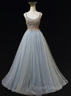 Blue Tulle with Flowers Straps Long Prom Dress, Blue Prom Dresses
