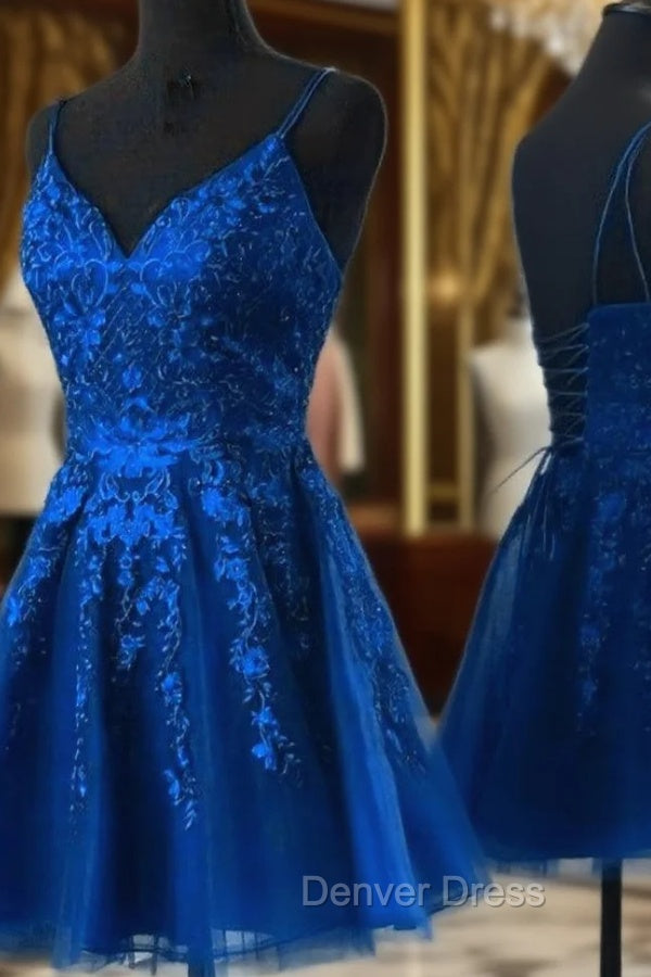 Blue Tulle with Lace Straps Short Homecoming Dresses, V-neckline Blue Prom Dresses Main image