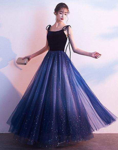 Blue Tulle With Velvet Straps Long Prom Dresses, Gorgeous Prom Gowns Secondary image