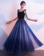 Blue Tulle With Velvet Straps Long Prom Dresses, Gorgeous Prom Gowns