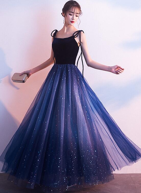 Blue Tulle With Velvet Straps Long Prom Dresses, Gorgeous Prom Gowns Main image