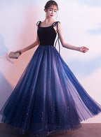 Blue Tulle With Velvet Straps Long Prom Dresses, Gorgeous Prom Gowns