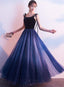 Blue Tulle With Velvet Straps Long Prom Dresses, Gorgeous Prom Gowns