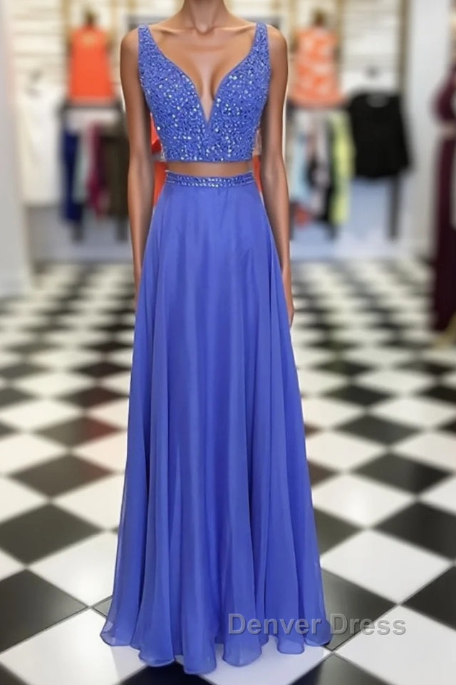Blue two pieces beads long prom Dress, blue Prom Dresses