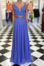 Blue two pieces beads long prom Dress, blue Prom Dresses