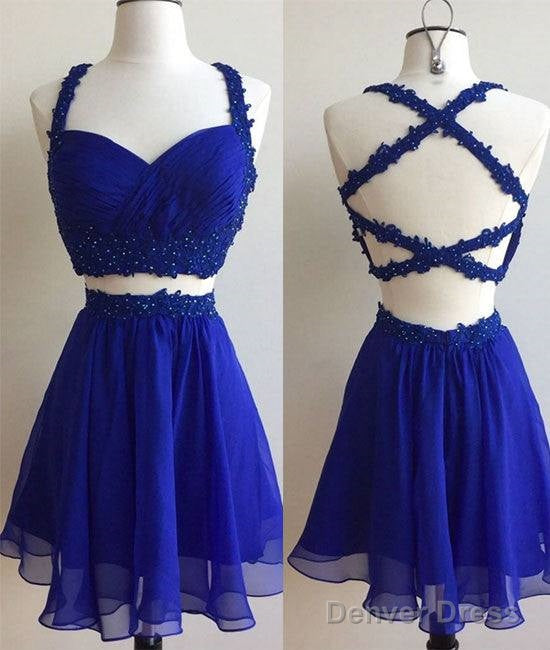 Blue Two Pieces Lace Short Prom Dress, Cute Homecoming Dress