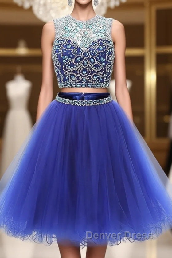 Blue two pieces tulle sequin beads short prom Dresses, blue homecoming Main image