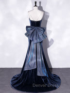 Blue Unique Mermaid Velvet Long Prom Dress, Velvet Prom Dresses