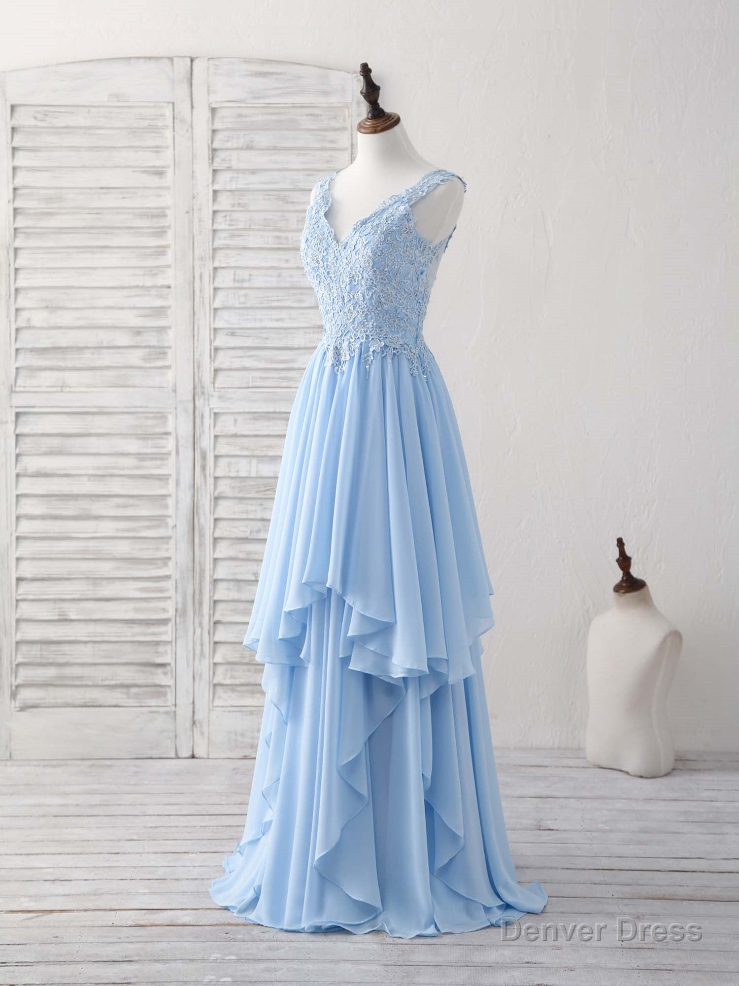Blue V Neck Applique Chiffon Long Prom Dress Lace Bridesmaid Dresses Secondary image