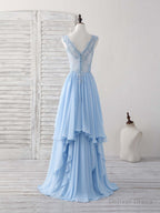 Blue V Neck Applique Chiffon Long Prom Dress Lace Bridesmaid Dresses