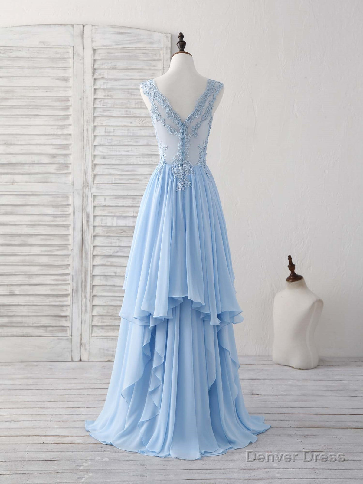 Blue V Neck Applique Chiffon Long Prom Dress Lace Bridesmaid Dresses