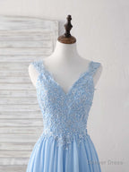 Blue V Neck Applique Chiffon Long Prom Dress Lace Bridesmaid Dresses