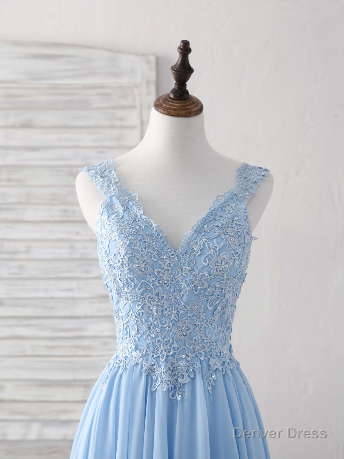Blue V Neck Applique Chiffon Long Prom Dress Lace Bridesmaid Dresses