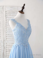 Blue V Neck Applique Chiffon Long Prom Dress Lace Bridesmaid Dresses