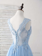 Blue V Neck Applique Chiffon Long Prom Dress Lace Bridesmaid Dresses