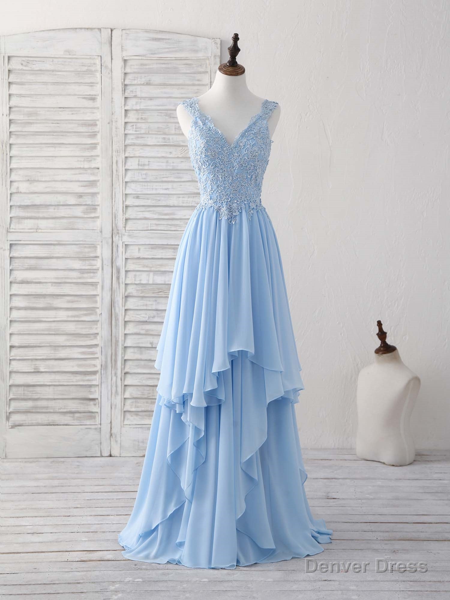 Blue V Neck Applique Chiffon Long Prom Dress Lace Bridesmaid Dresses Main image