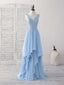 Blue V Neck Applique Chiffon Long Prom Dress Lace Bridesmaid Dresses