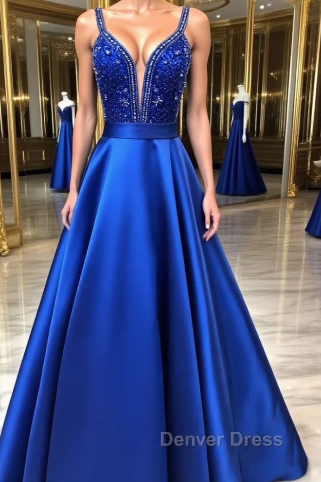 Blue v neck beads satin long prom Dress, blue Prom Dresses
