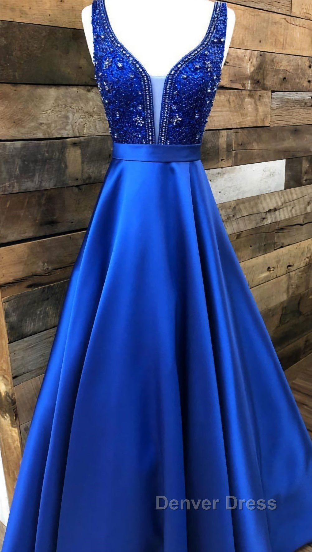 Blue v neck beads satin long prom Dress, blue Prom Dresses Secondary image