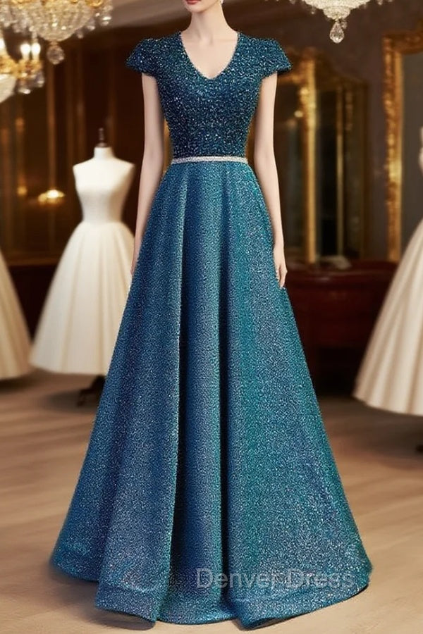 Blue V Neck Cap Sleeve Backless Sequins Beading Prom Dresses