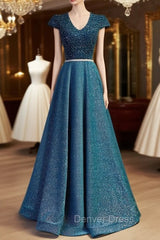 Blue V-neck Cap Sleeve Backless Sequins Beading Prom Dresses