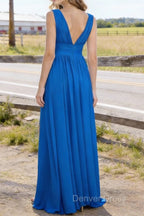 Blue V Neck Chiffon Floor Length Bridesmaid Dress Long Bridesmaid Dresses With Pleated Split
