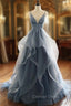 Blue V Neck Lace Appliques Tulle Spaghetti Straps Prom Dresses