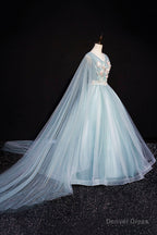 Blue V Neck Lace Long Prom Dress, Blue A Line Prom Dresses