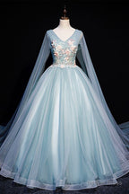 Blue V Neck Lace Long Prom Dress, Blue A Line Prom Dresses