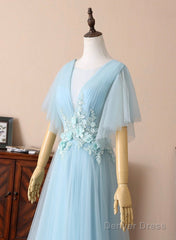 Blue V-Neck Lace Long Prom Dresses, A-Line Evening Dresses