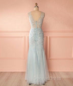 Blue V Neck Lace Tulle Long Prom Dresses, Blue Lace Evening Dresses For Teens
