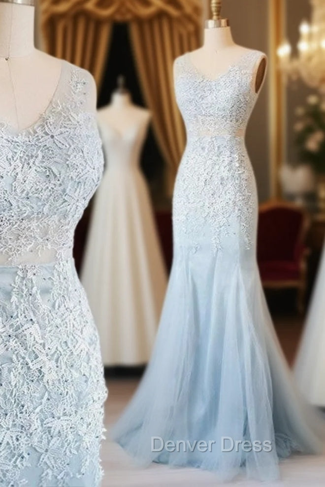 Blue V Neck Lace Tulle Long Prom Dress, Blue Lace Prom Dresses For Teens