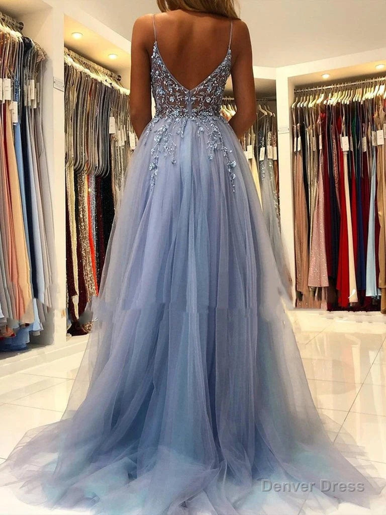 Blue V Neck Open Back Beaded Long Prom Dress High Slit Prom Dress shops Secondary image