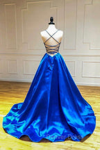 Blue V Neck Satin Long Prom Dress, A Line Backless Prom Dresses