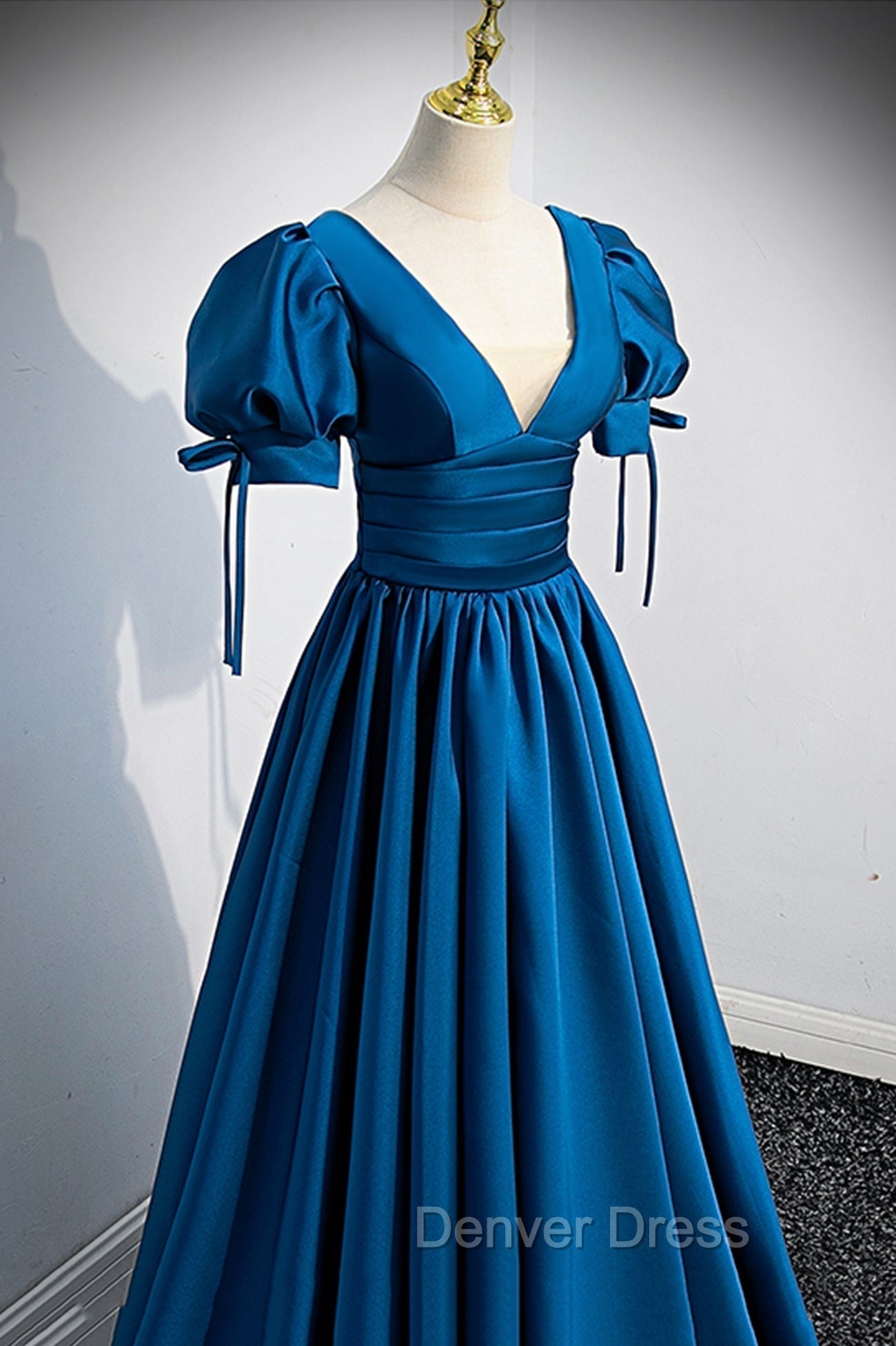 Blue V Neck Satin Long Prom Dress, A Line Short Sleeve Prom Dresses