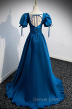 Blue V Neck Satin Long Prom Dress, A Line Short Sleeve Prom Dresses