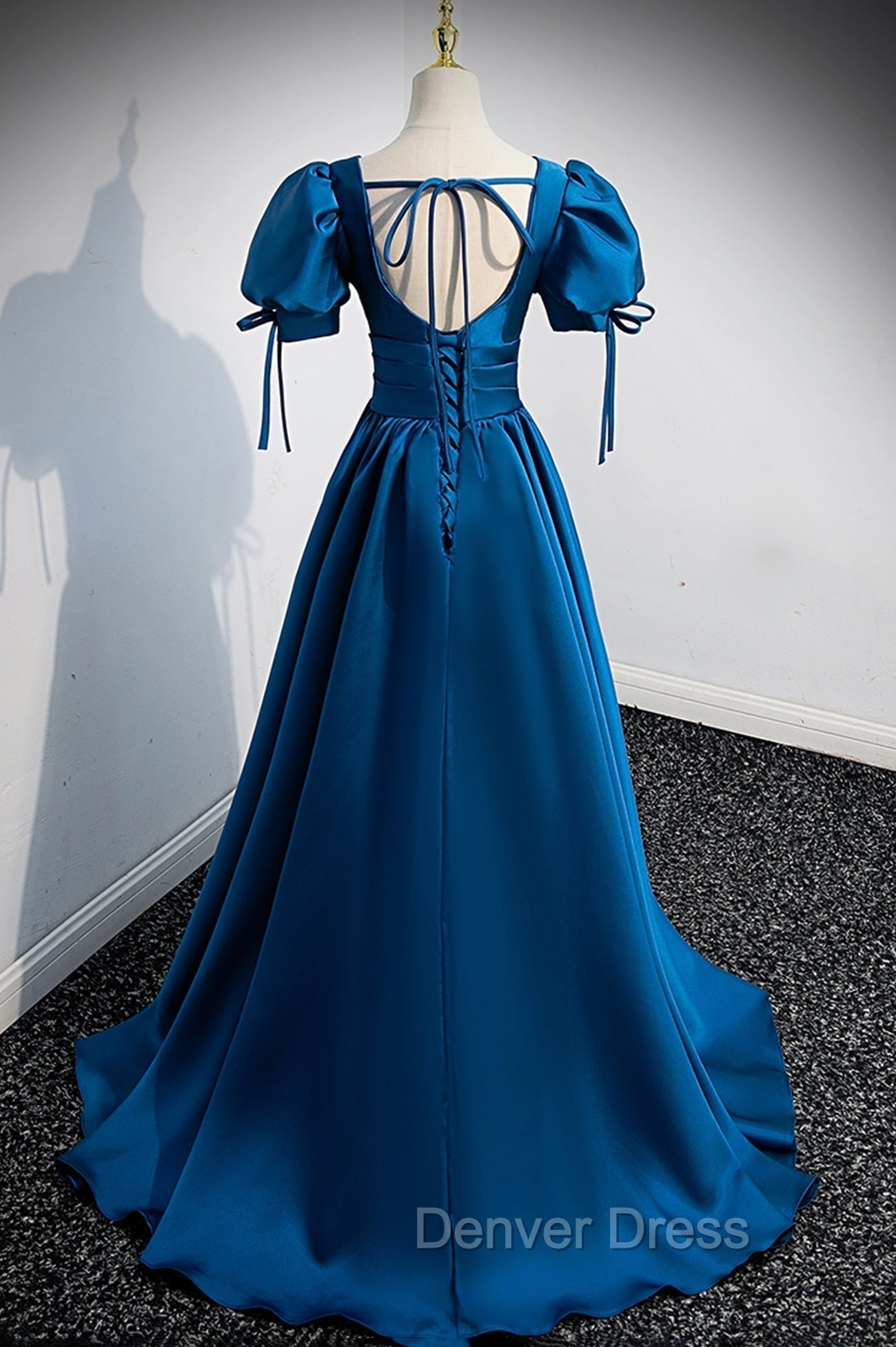 Blue V Neck Satin Long Prom Dress, A Line Short Sleeve Prom Dresses