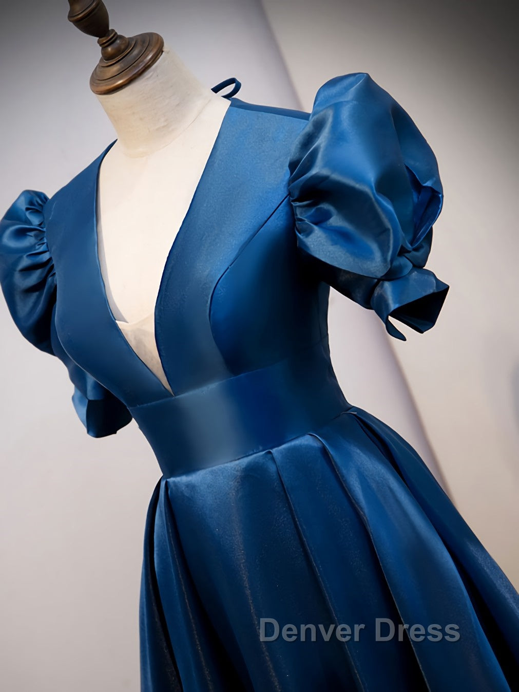 Blue v neck satin long prom Dress blue satin Prom Dresses Secondary image