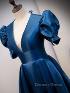 Blue v neck satin long prom Dress blue satin Prom Dresses